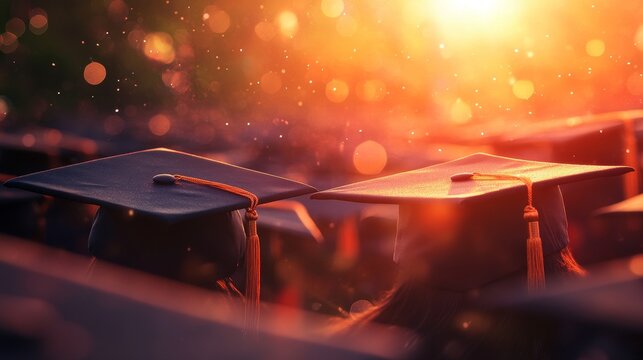 A sunset graduation ceremony with graduates wearing caps, celebrating a significant life achievement.