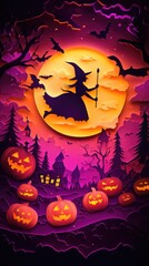 Fototapeta premium Paper cut style illustration of a witch flying over pumpkins under a full moon
