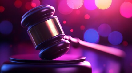 A gavel resting on a sound block, symbolizing justice and legal proceedings, set against a colorful, blurred background.
