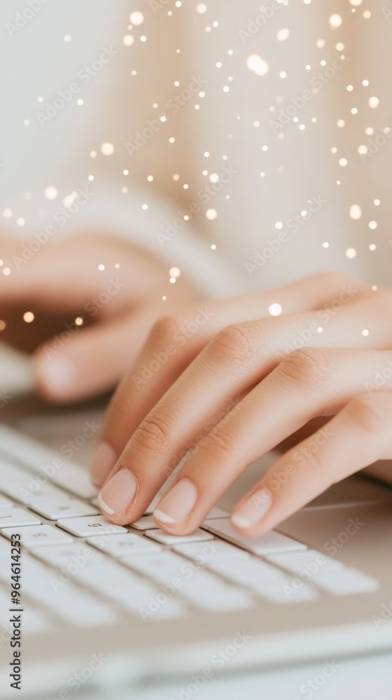 Poster Hands Typing on Laptop Keyboard with Digital Reflections and Artistic Bokeh Effects