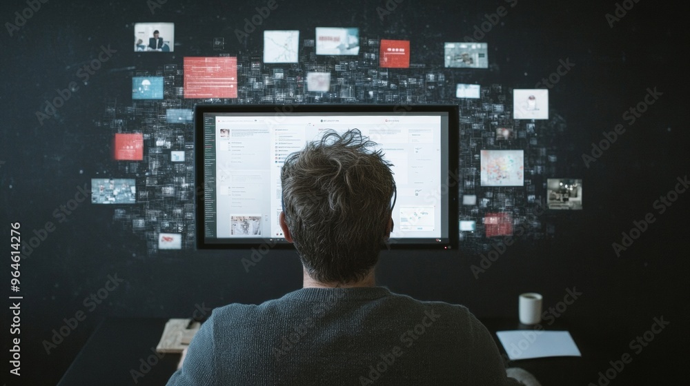 Poster man attending virtual meeting from home with digital newsroom background and large monitor