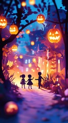 Paper cut style illustration of a Halloween pumpkin festival with trick-or-treaters in costumes