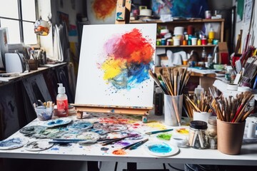 Vibrant abstract painting on easel in bright art studio