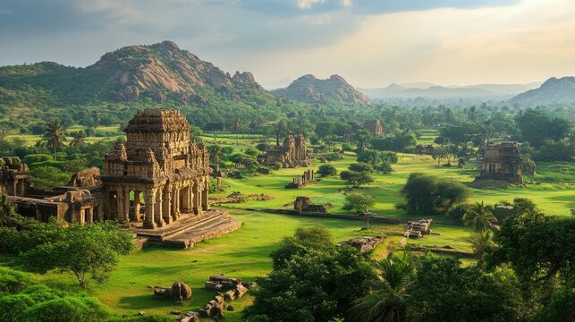 The serene surroundings of the Hampi countryside, with ancient ruins and lush green fields.