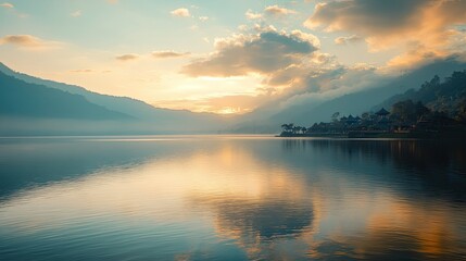 Obraz premium The serene waters of Lake Beratan with the Ulun Danu Beratan Temple sitting on its shore at sunrise.