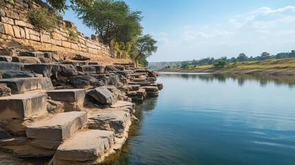 The serene waters of the Tungabhadra River, with ancient stone steps leading down to the shore.
