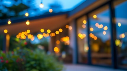 Naklejka premium A softly blurred outdoor setting adorned with string lights, creating a warm, inviting atmosphere for leisure.