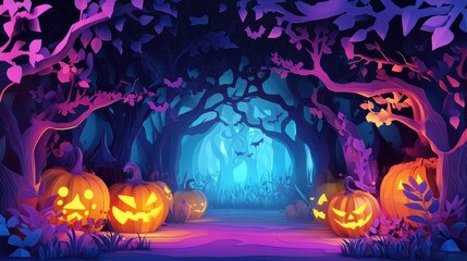 Paper cut style illustration of an enchanted forest with glowing pumpkins and twisted trees