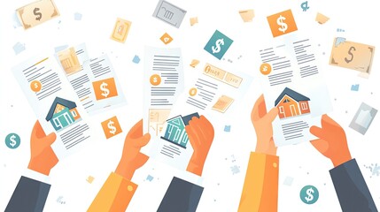 Dynamic illustration of hands holding real estate documents and money, symbolizing investment and financial transactions.
