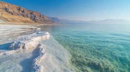The stark beauty of the Dead Sea's shoreline, with salt-encrusted rocks and the distant mountains framing the scene.