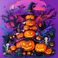 Paper cut style illustration of a pumpkin tower with Halloween characters like witches and skeletons
