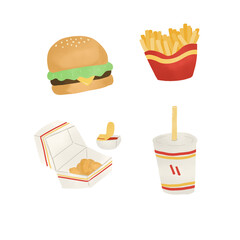 burger, French fries, nuggets, and soda set