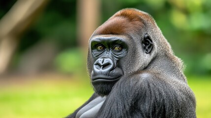 Obraz premium A gorilla sitting in the grass with a serious look on his face, AI