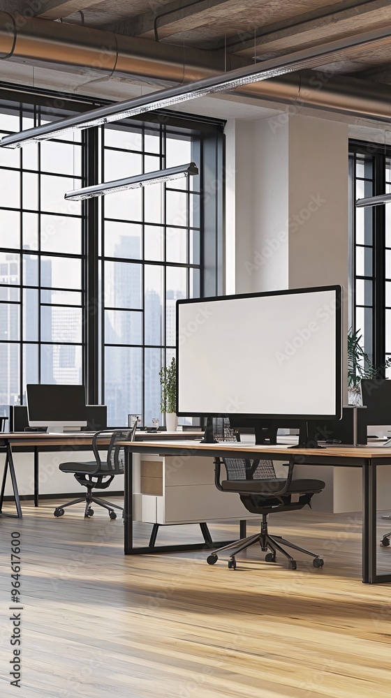 Poster modern office with a large monitor on the desk and a city view from the window.
