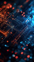 Abstract technology background featuring glowing circuits and vibrant lights in blue and orange tones.