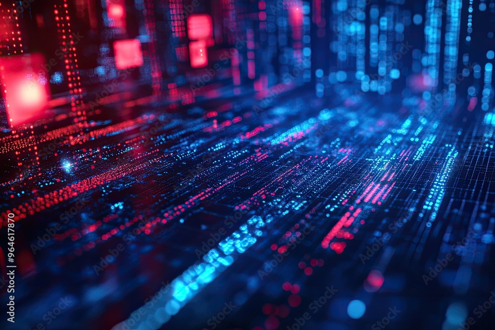 Wall mural vibrant digital data stream with glowing particles in red and blue tones, creating a futuristic tech