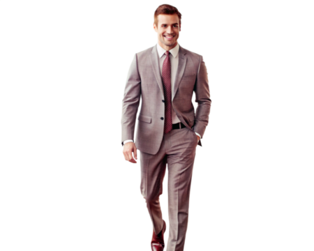 Full-Length Smiling Businessman in Formal Suit, Young Professional Male Executive Walking Confidently transparent background png file,