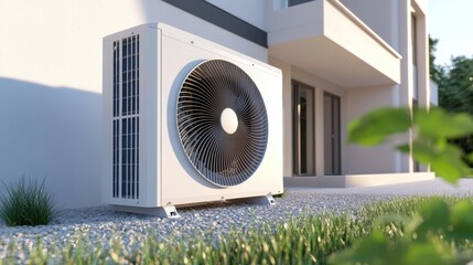 A white air conditioner sitting outside of a house on the side, AI