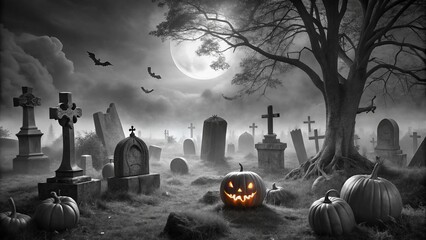 black and white halloween graveyard