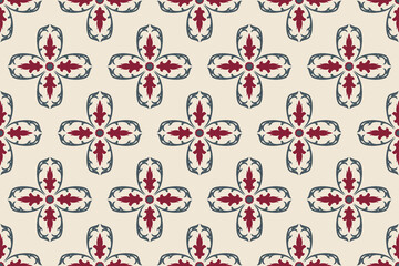 Seamless damask pattern with red and grey floral motifs on a cream background. Ideal for textiles, wallpapers, digital design and fashion accessories.