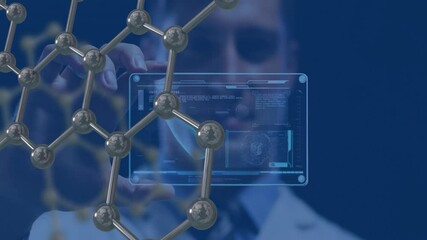 Animation of chemical formula and data processing over caucasian male scientist - Powered by Adobe