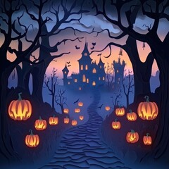 Paper cut style illustration of a haunted path lined with pumpkin lanterns, leading to a spooky mansion