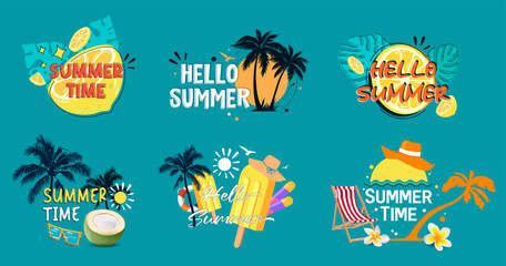 Set of summer concept design packs. Various illustrations welcoming summer at the beach. vacationing in the tropical season