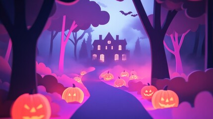 Paper cut style illustration of a haunted path lined with pumpkin lanterns, leading to a spooky mansion
