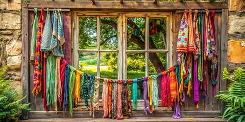 bohemian eclectic vintage window frame with colorful textiles and fluttering ribbons