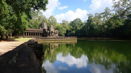 Obraz premium The temple of Angkor Wat as seen from across the moat, surrounded by lush greenery.