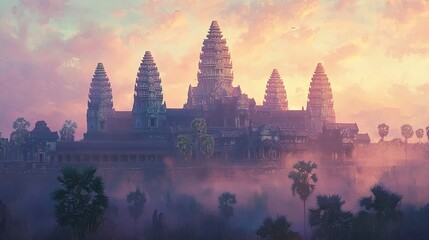 Obraz premium The temple of Angkor Wat bathed in the soft light of dawn, with the sky painted in pastel colors.