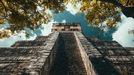 The Temple of the Jaguars at Chichen Itza, seen from below, showcasing its grandeur and historic significance.