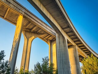 Concrete Bridge Architectural Marvel Under a Blue Sky with Golden Light Illuminating the Structure