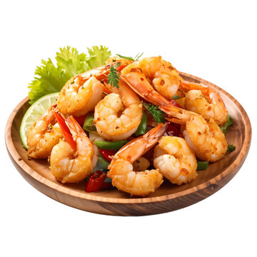 close up fried shrimps with vegetable in plate transparent background
