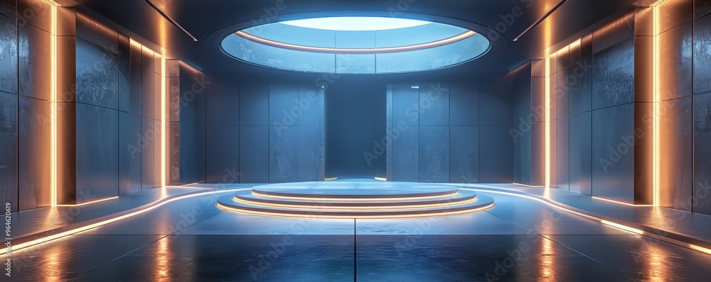Poster create a podium mockup with a high-tech, futuristic design.