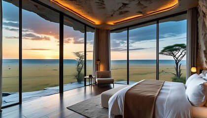 Fototapeta premium Modernized cave hotel room floor-to-ceiling glass wall looks out on the Serengeti plains