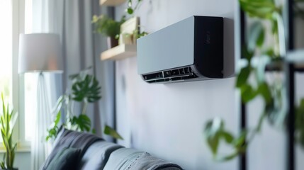 Modern air conditioner unit mounted on a white wall in a living room with plants and a couch.