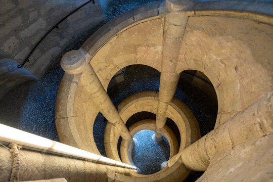 Spiral staircase and walkway to the top of the Munot Castle in Schaffhausen, Switzerland, a circular 16th century fortification in the center of Schaffhausen