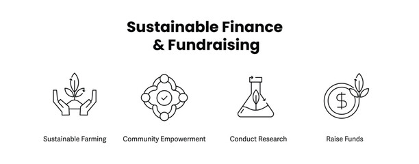 Sustainable Finance & Fundraising. Icons included: Raise Funds, Sustainable Farming, Community Empowerment, Conduct Research.