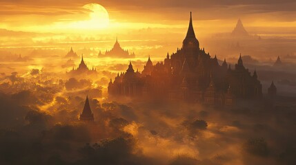The temples of Bagan bathed in the golden light of early morning, with mist lingering over the plains.
