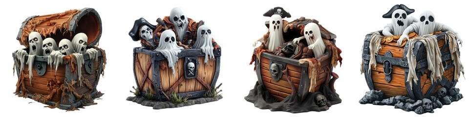Naklejka premium A spooky collection of ghostly figures emerging from treasure chests, perfect for Halloween-themed designs.