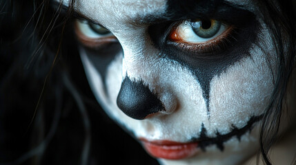 A spooky portrait of a child with Halloween makeup, set against a black background. The dramatic face paint contrasts with the dark setting, creating an eerie and festive atmosphere