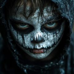 A spooky portrait of a child with Halloween makeup, set against a black background. The dramatic face paint contrasts with the dark setting, creating an eerie and festive atmosphere