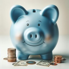 Piggy bank with coins nearby