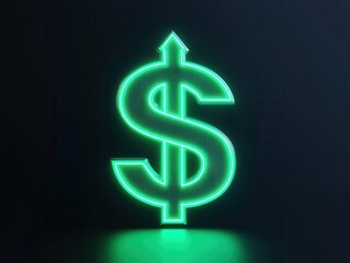 Obraz premium Glowing green dollar icon with an arrow pointing up, symbolizing growth in currency value, Modern, Digital, 3D Render