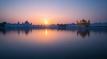 Naklejka premium Serene Lake at Sunset with the Sikh Golden Temple 