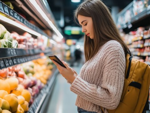 Mujer joven mira el tel&eacute;fono en el supermercado mientras hace la compra