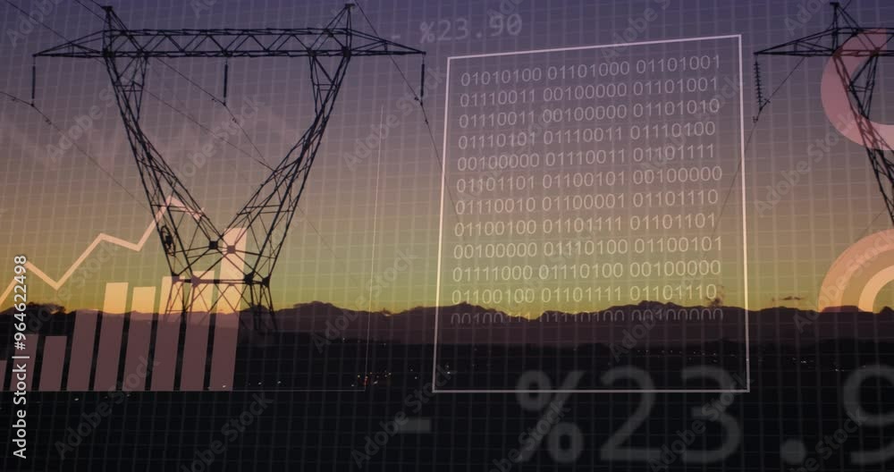 Poster animation of data processing over electricity pylons