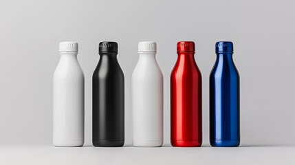 Lineup of five glossy metal water bottles in white, black, red, silver, and blue, sleek reusable...