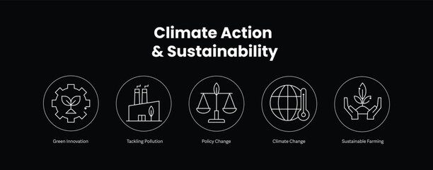 Climate Action & Sustainability. Icons included: Climate Change, Sustainable Farming, Tackling Pollution, Policy Change, Green Innovation. Icons For Dark Background.